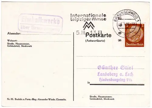 DR 1939, Landpost Stpl. ELMKALKWERKE über Braunschweig auf Karte m. 3 Pf.