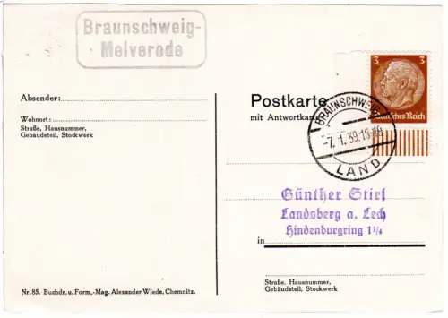 DR 1939, Landpost Stpl. Braunschweig-MELVERODE auf Karte m. 3 Pf.