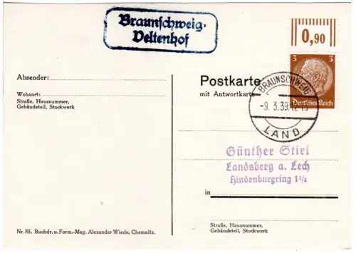DR 1939, Landpost Stpl. Braunschweig-VELTENHOF auf Karte m. 3 Pf.