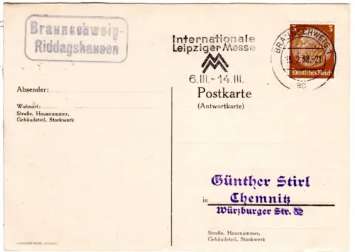 DR 1938, Landpost Stpl. Braunschweig-RIDDAGSHAUSEN auf Karte m. 3 Pf.
