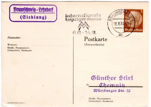 DR 1938, Landpost Stpl. Braunschweig-LEHNDORF (Siedlung) auf Karte m. 3 Pf.