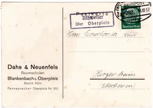DR 1937, Landpost Stpl. UTHWEILER über Oberpleis auf Bahnpost-Karte m. 6 Pf.
