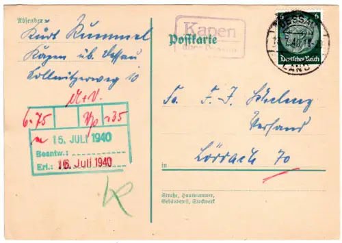 DR 1940, Landpost Stpl. KAPEN über Dessau auf Karte m. 6 Pf.