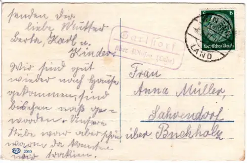 DR 1937, Landpost Stpl. GARLSTORF über Winsen (Luhe) auf Karte m. 6 Pf.