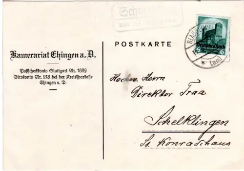 DR 1934, Landpost Stpl. SCHMIECHEN über Blaubeuren auf Karte m. 6 Pf.