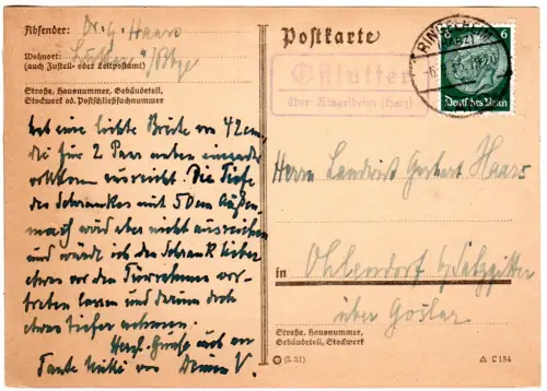 DR 1935, Landpost Stpl. OSTLUTTER über Ringelheim (Harz) auf Karte m. 6 Pf.
