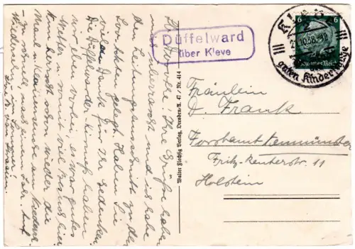 DR 1938, Landpost Stpl. DÜFFELWARD über Kleve auf Karte m. 6 Pf.