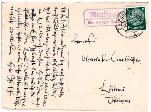 DR 1934, Landpost Stpl. MUNDINGEN über Ehingen (Donau) auf Karte m. 6 Pf.