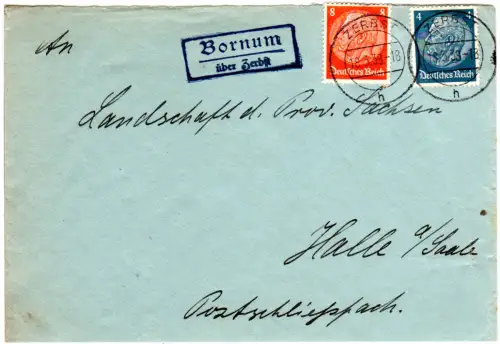 DR 1938, Landpost Stpl. BORNUM über Zerbst auf Brief m. 4+8 Pf.