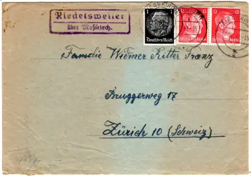 DR 1942, Landpost Stpl. RIEDETSWEILER über Messkirch auf Brief m. 1+2x12 Pf.