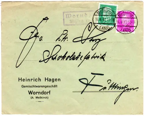 DR 1931, Landpost Stpl. WORNDORF Messkirch Land auf Firmen Brief m. 5+10 Pf.