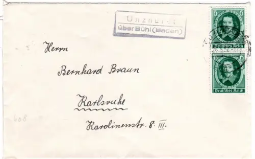 DR 1937, Landpost Stpl. UNZHURST über Bühl (Baden) auf Brief m. 2x6 Pf.