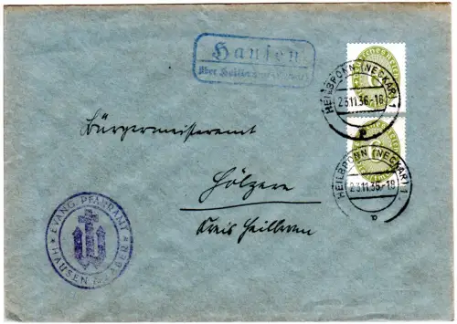 DR 1936, Landpost Stpl. HAUSEN über Heilbronn (Neckar) auf Brief m. 2x6 Pf. 