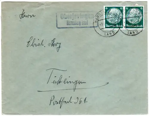 DR 1933, Landpost Stpl. OBERJESINGEN Herrenberg Land auf Brief m. 2x6 Pf. 