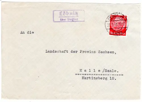 DR 1938, Landpost Stpl. LÖBNITZ über Stassfurt auf Briefteil m. 12 Pf. 