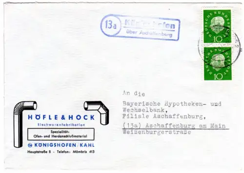 BRD 1961, Landpost Stpl. KÖNIGSHOFEN über Aschaffenburg auf Brief m. 2x10 Pf. 