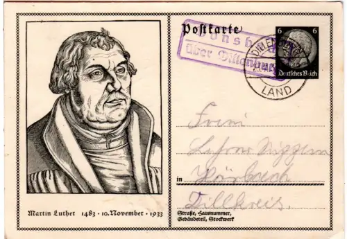 DR 1933, Landpoststempel DONSBACH über Dillenburg auf 6 Pf. Luther Ganzsache
