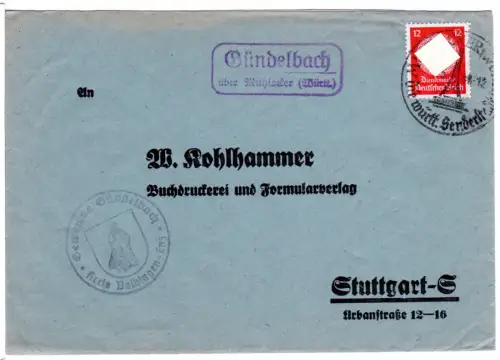 DR 1938, Landpoststempel GÜNDELBACH über Mühlacker (Württ.) auf Brief m. 12 Pf.