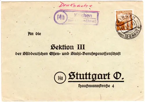 BRD 1950, Landpoststempel KIRCHEN über Ehingen (Donau) auf Brief m. 4 Pf. Bauten