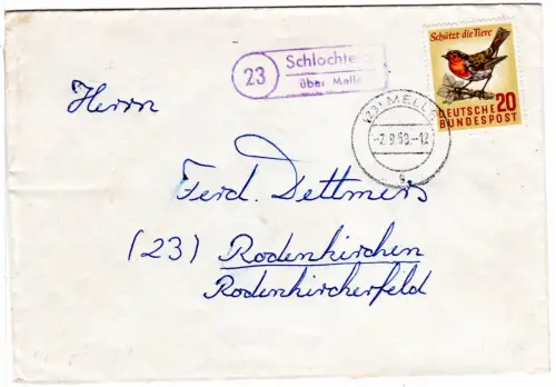 BRD 1958, Landpoststempel 23 SCHLOCHTERN über Melle auf Brief m. 20 Pf.