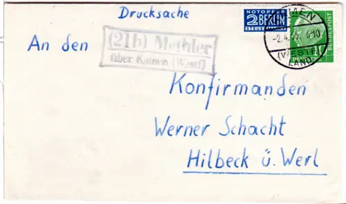 BRD 1955, Landpoststempel 21b METHLER über Kamen (Westf) auf Brief m. 10 Pf.