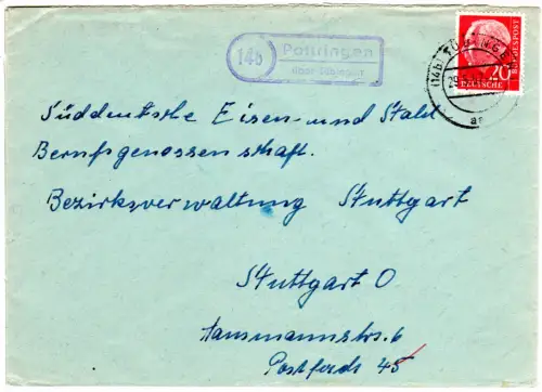 BRD 1957, Landpoststempel 14b POLTRINGEN über Tübingen auf Brief m. 20 Pf.