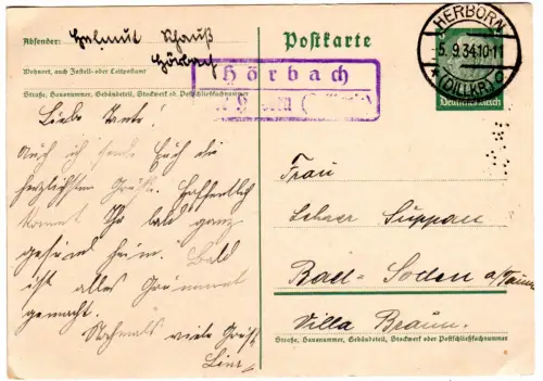 DR 1934, Landpoststempel HÖRBACH über Herborn auf 6 Pf. Ganzsache