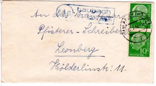 BRD 1958, Landpoststempel 14a LAUBACH über Aalen auf Brief m. 2x10 Pf.