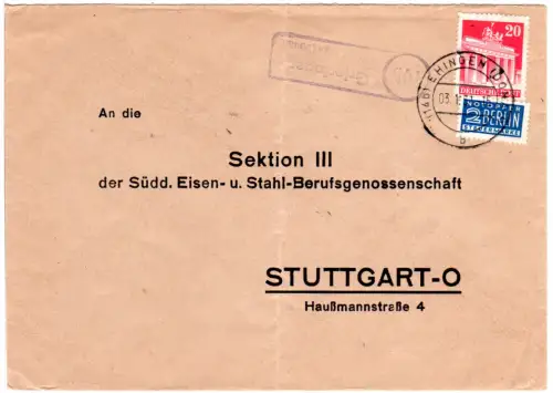 BRD 1953, Landpoststempel 14b MARBACH über Münsingen auf Brief m. 2x10 Pf.