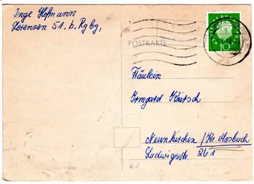 BRD 1959, Landpoststempel 13a LOVENZEN über Regensburg auf Karte m. 10 Pf.
