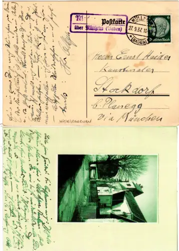 DR 1937, Landpoststempel NIEDEREGGENEN über Müllheim (Baden) auf Karte m. 6 Pf.