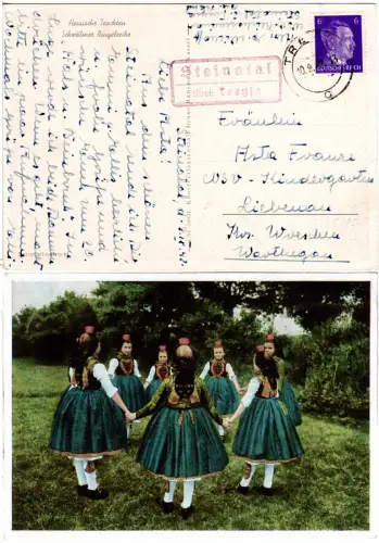 DR 1942, Landpost Stpl. STEINATAL über Treysa auf Trachten Farb-AK m. 6 Pf. 