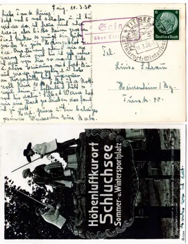 DR 1938, Landpost Stpl. SAIG über Titisee auf Schluchsee sw-AK m. 6 Pf. 