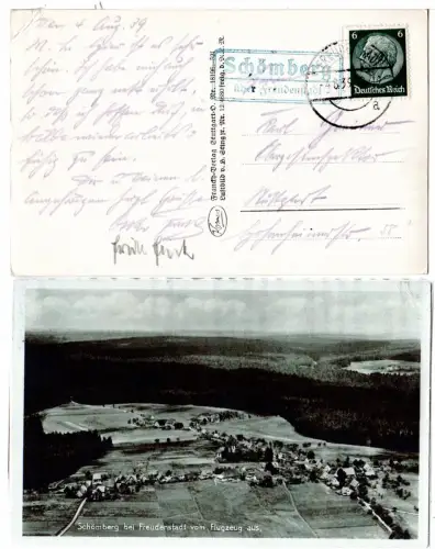 DR 1939, Landpost Stpl. SCHÖMBERG über Freudenstadt auf Luftbild-AK m. 6 Pf. 