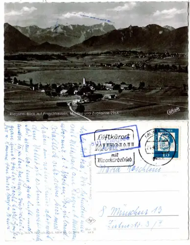 BRD 1964, Landpost Stpl. 8111 RIEGSEE auf Froschhausen sw-AK m. 15 Pf. 