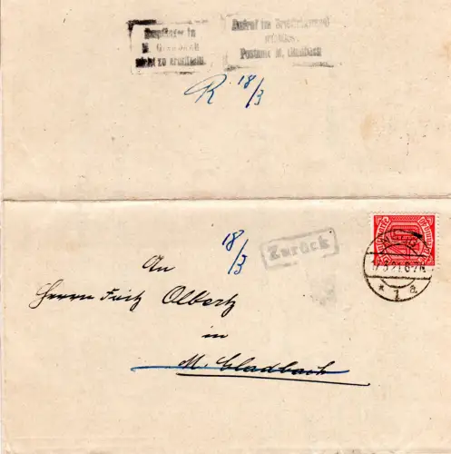 DR 1921, 40 Pf. Dienst auf Brief v. Neuss m. Mönchengladbach Retour-Stempeln