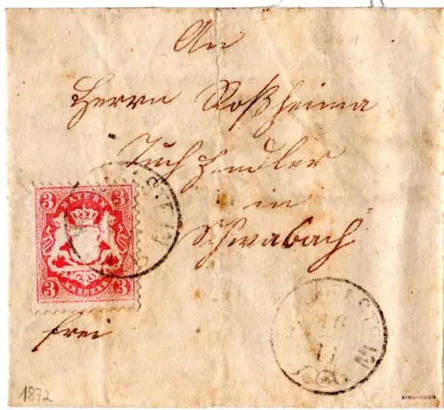 Bayern 1872, Zierstempel Wendelstein auf Brief m. 3 Kr. n. Schwabach. Geprüft