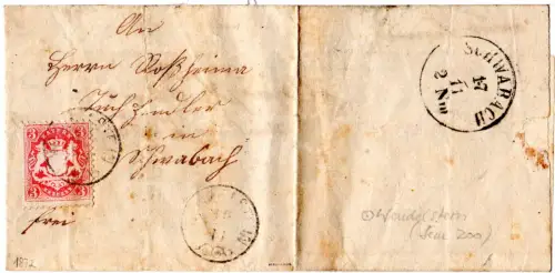 Bayern 1872, Zierstempel Wendelstein auf Brief m. 3 Kr. n. Schwabach. Geprüft