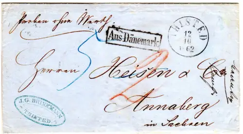 Dänemark 1862, K1 Thisted u. auf Proben ohne Wert Porto Brief n. Sachsen