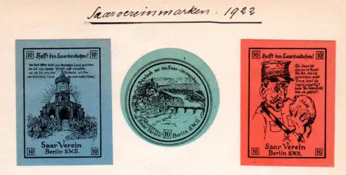 Saar, 3 Saarverein Berlin Propaganda-Vignetten m. Originalgummi