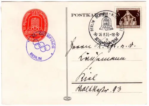 Olympiade 1936, Karte m. Sonderstpl. Berlin Olympia-Reiterplatz + roter Vignette