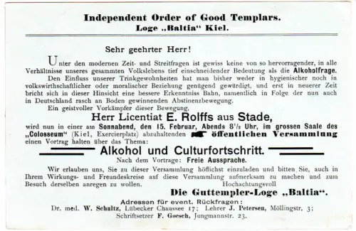 DR 1902, 2 Pf. Orts-Ganzsache Kiel m. rücks. Zudruck Order of Good Templars