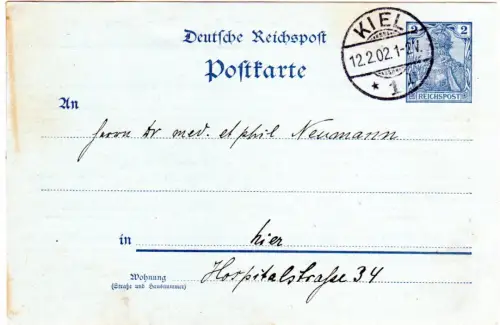 DR 1902, 2 Pf. Orts-Ganzsache Kiel m. rücks. Zudruck Order of Good Templars