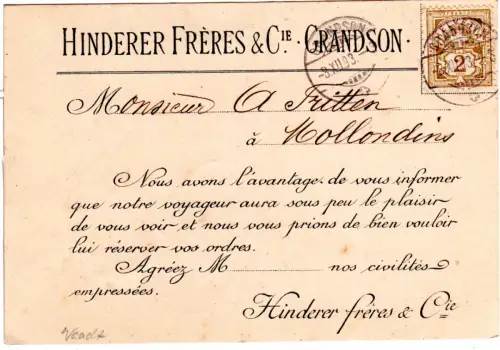 Schweiz 1893, 2 C. auf Vertreter-Avis Karte v. Grandson