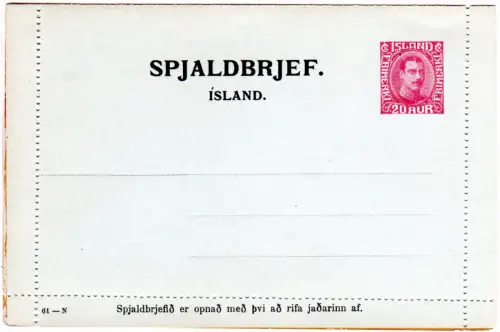 Island K10, sauber ungebr. 20 Aur Kartenbrief