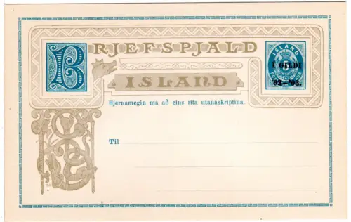 Island P24, sauber ungebr. 5 Aur Ganzsachenkarte m. Überdruck I Gildi 02-03