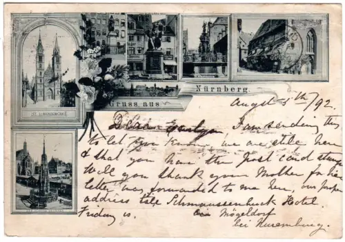 Gruss aus Nürnberg, frühe, 1892 gebr. Mehrbild-sw-Foto-AK