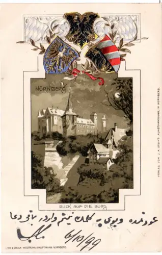 Nürnberg, Blick auf die Burg im Winter m. geprägtem Wappen,1899 gebr. AK