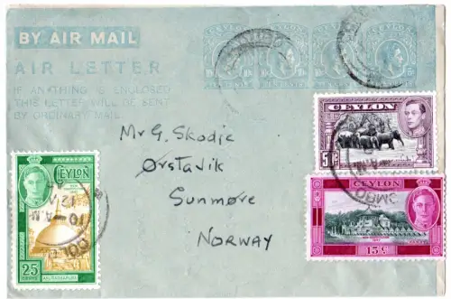 Ceylon 1948, 4x10 C. Aerogramm m. Zusatzfr. v. Colombo n. Norwegen