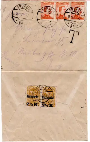 Italien 1922, 3x20 C. auf Brief v. Abbazia n. Graz m. 2 Österreich Portomarken